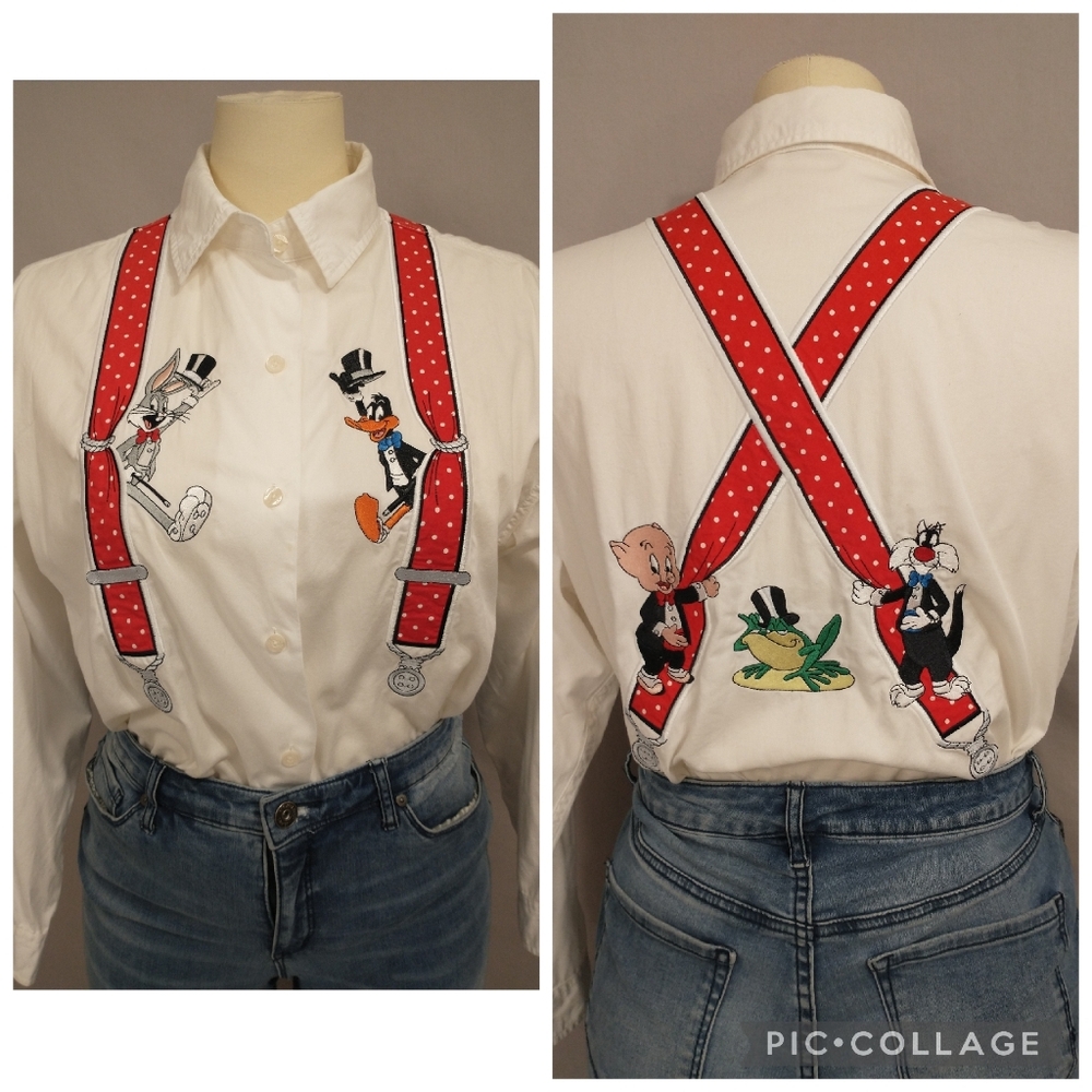 Vintage 90s Warner Brothers Suspender Shirt Bugs Bunny Daffy Elmer Sylvester +